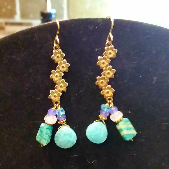 handmade Jewelry - Amazonite,Tanzanite,Moonstone,14KGF Earrings.2"